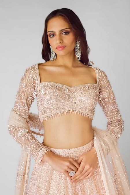 Shop_Basanti - Kapde Aur Koffee_Peach Net Sequins, Pearls, Cut Work Celestial Dream Lehenga Set_Online_at_Aza_Fashions