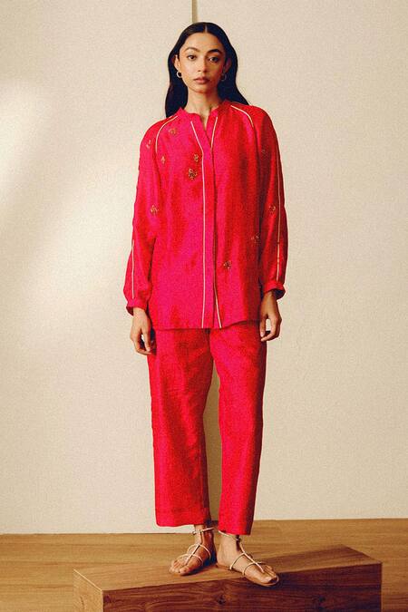 Shop_Kavya Singh Kundu_Red Embroidery Mandarin Collar Handwoven Silk Shirt _Online_at_Aza_Fashions