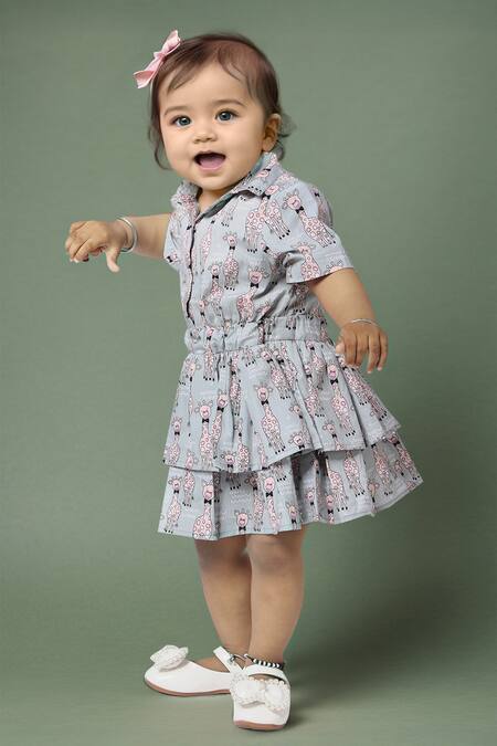 Buy_Petite Pomme_Blue Linen Tiered Giraffe Print Girls Dress _Online_at_Aza_Fashions