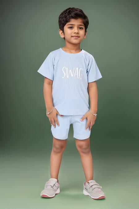 Petite Pomme_Blue Cotton Ribbed T-shirt And Shorts Set _Online_at_Aza_Fashions