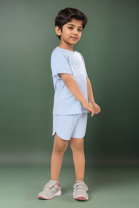 Buy_Petite Pomme_Blue Cotton Ribbed T-shirt And Shorts Set _Online_at_Aza_Fashions
