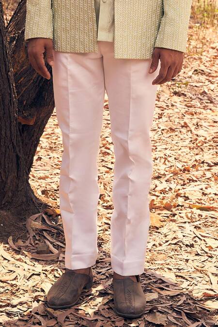 Kaaj Button_Green Chanderi Silk, Cotton Satin Embroidery 3 Arrow Jacket Set _Online_at_Aza_Fashions