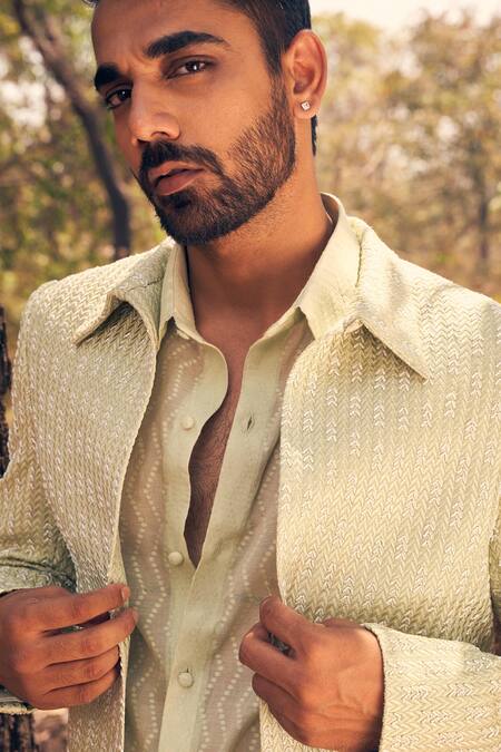 Buy_Kaaj Button_Green Chanderi Silk, Cotton Satin Embroidery 3 Arrow Jacket Set _Online_at_Aza_Fashions