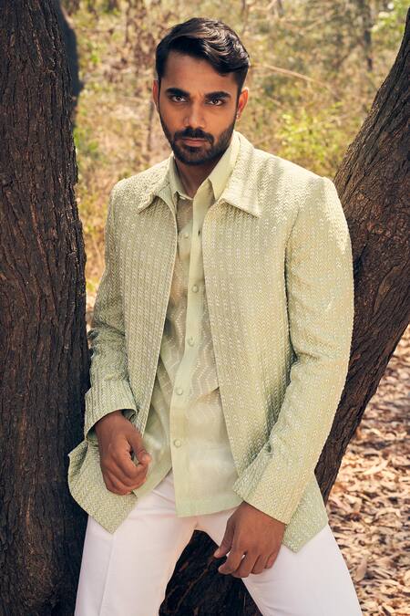 Shop_Kaaj Button_Green Chanderi Silk, Cotton Satin Embroidery 3 Arrow Jacket Set _Online_at_Aza_Fashions