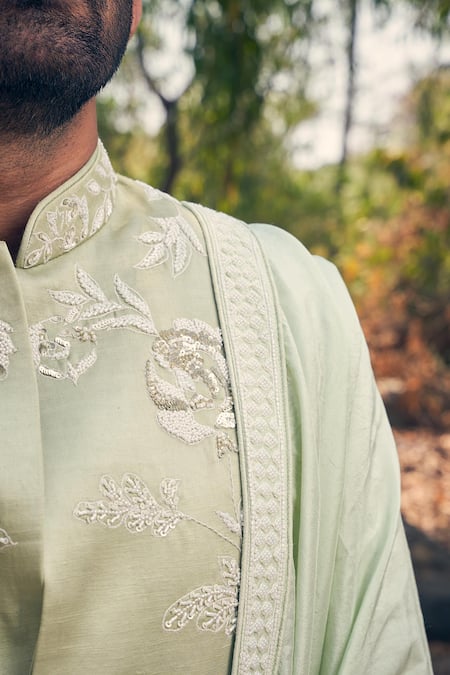 Kaaj Button_Green Silk, Cotton Satin Embroidery Floral Sherwani Set _Online_at_Aza_Fashions