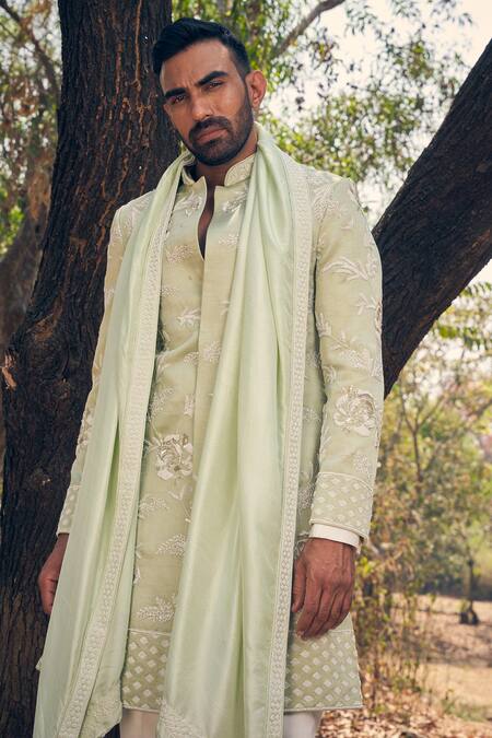 Buy_Kaaj Button_Green Silk, Cotton Satin Embroidery Floral Sherwani Set _Online_at_Aza_Fashions