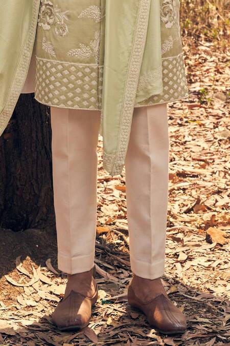 Shop_Kaaj Button_Green Silk, Cotton Satin Embroidery Floral Sherwani Set _Online_at_Aza_Fashions