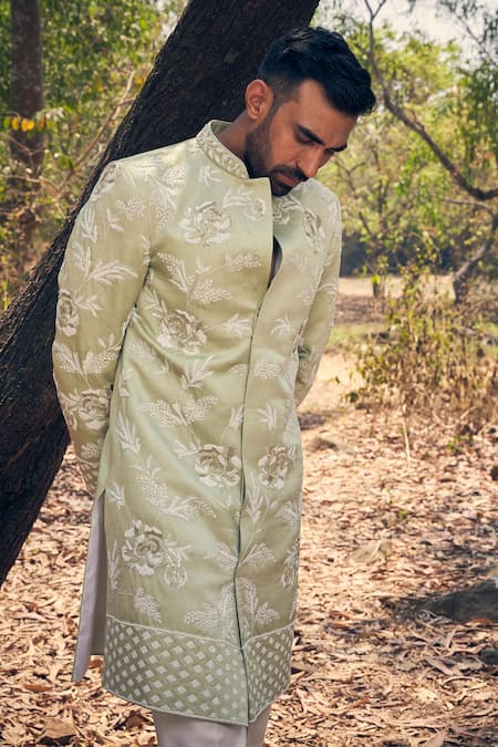 Kaaj Button_Green Silk, Cotton Satin Embroidery Floral Sherwani Set _at_Aza_Fashions