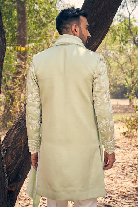 Kaaj Button Floral Silk Sherwani Set 