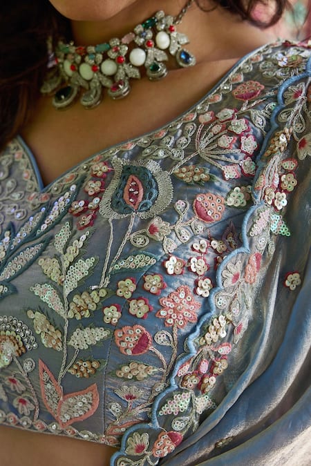 Shop_Samyukta Singhania_Blue Net Sequins, Embroidery, Tassels, Beads Floral Lehenga Set_Online_at_Aza_Fashions