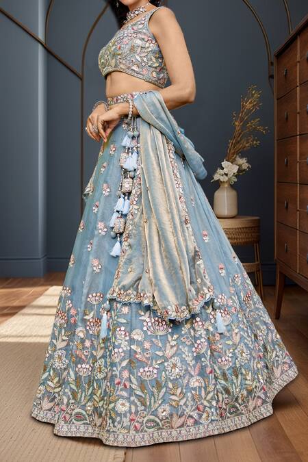 Samyukta Singhania_Blue Net Sequins, Embroidery, Tassels, Beads Floral Lehenga Set_at_Aza_Fashions