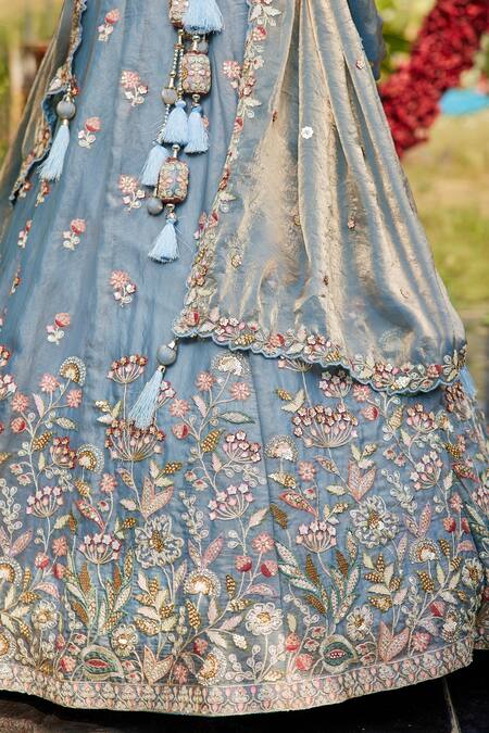 Buy_Samyukta Singhania_Blue Net Sequins, Embroidery, Tassels, Beads Floral Lehenga Set