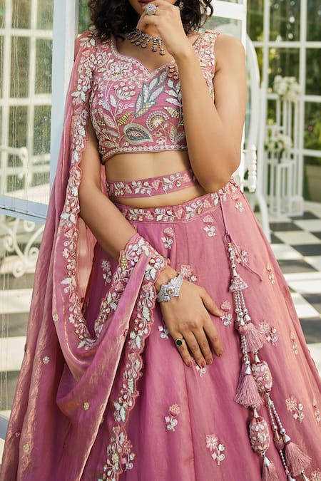 Buy_Samyukta Singhania_Pink Net Embroidery Lehenga Set_Online_at_Aza_Fashions