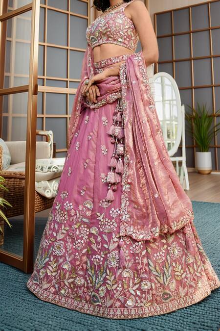 Shop_Samyukta Singhania_Pink Net Embroidery Lehenga Set_Online_at_Aza_Fashions