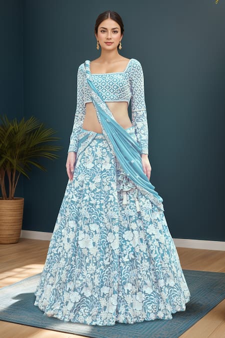 Samyukta Singhania Floral Print Blue Lehenga Set 