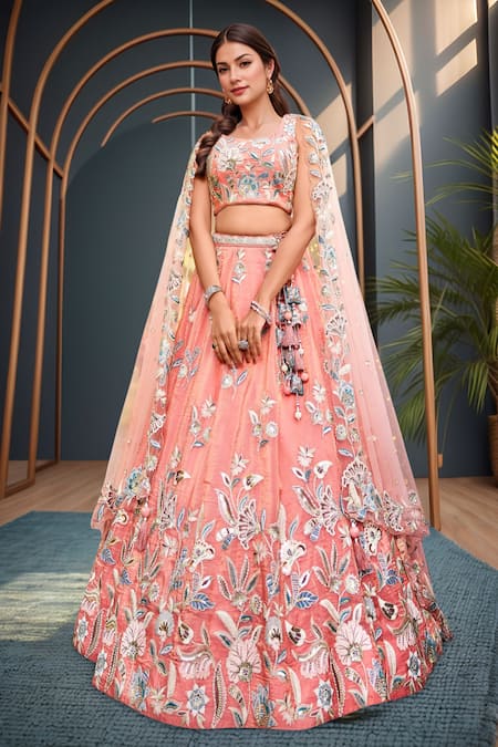 Samyukta Singhania_Peach Net Tassels, Sequins, Embroidery Floral Lehenga Set_Online_at_Aza_Fashions
