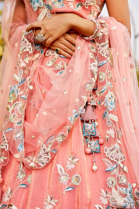Samyukta Singhania_Peach Net Tassels, Sequins, Embroidery Floral Lehenga Set_at_Aza_Fashions