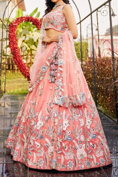 Buy_Samyukta Singhania_Peach Net Tassels, Sequins, Embroidery Floral Lehenga Set
