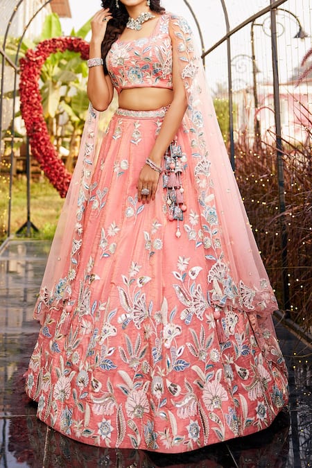 Shop_Samyukta Singhania_Peach Net Tassels, Sequins, Embroidery Floral Lehenga Set