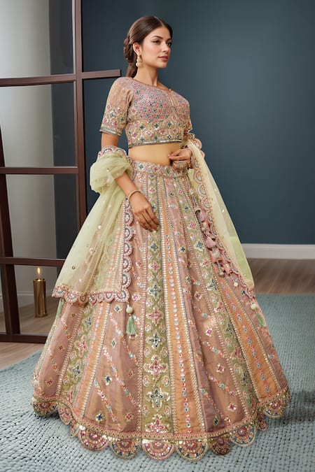 Shop_Samyukta Singhania_Multi Color Net Sequins, Embroidery Round Neck Lehenga Set_Online_at_Aza_Fashions
