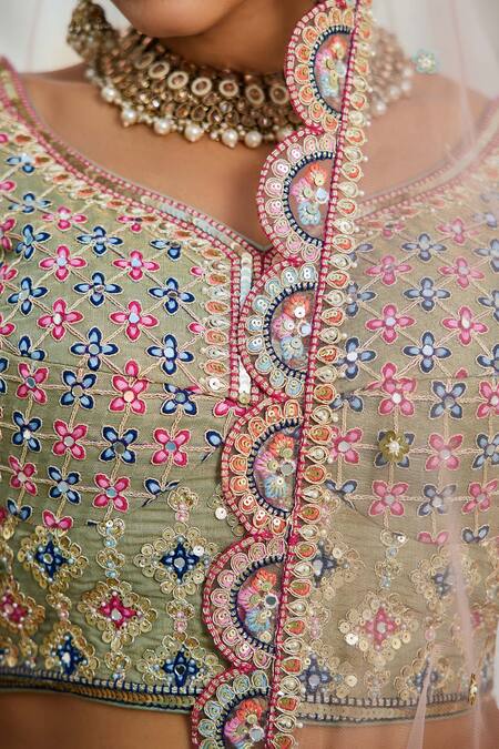 Samyukta Singhania_Multi Color Net Sequins, Embroidery Round Neck Lehenga Set_at_Aza_Fashions