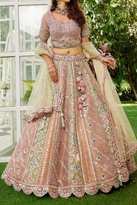 Samyukta Singhania_Multi Color Net Tassels, Sequins, Embroidery Round Neck Classic Lehenga Set_Online_at_Aza_Fashions