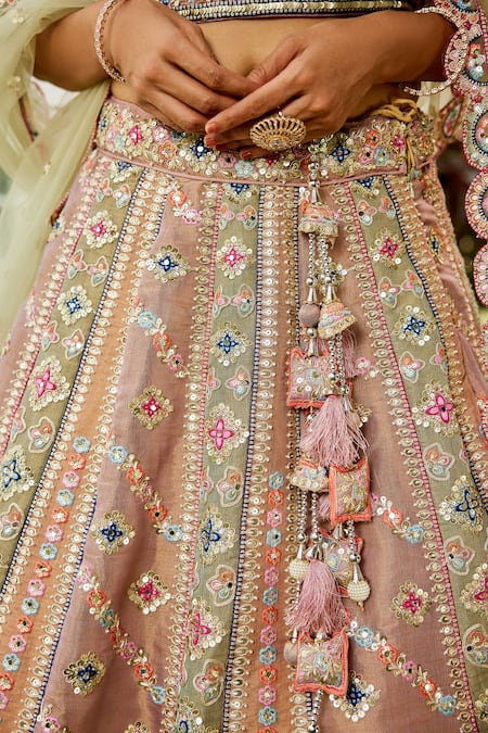 Buy_Samyukta Singhania_Multi Color Net Tassels, Sequins, Embroidery Round Neck Classic Lehenga Set