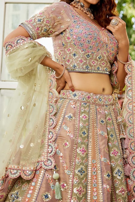 Shop_Samyukta Singhania_Multi Color Net Tassels, Sequins, Embroidery Round Neck Classic Lehenga Set