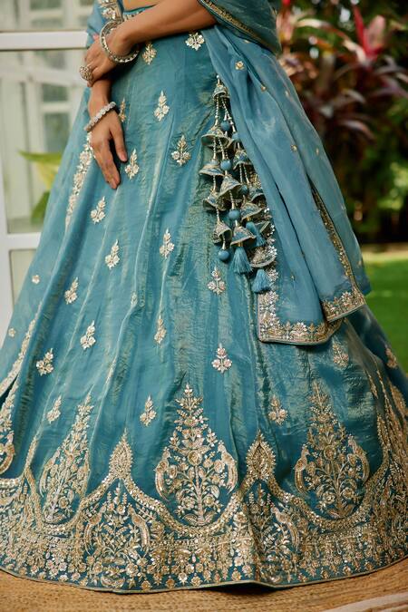 Samyukta Singhania_Blue Organza Tassels, Sequins, Embroidery Lehenga Set_Online_at_Aza_Fashions