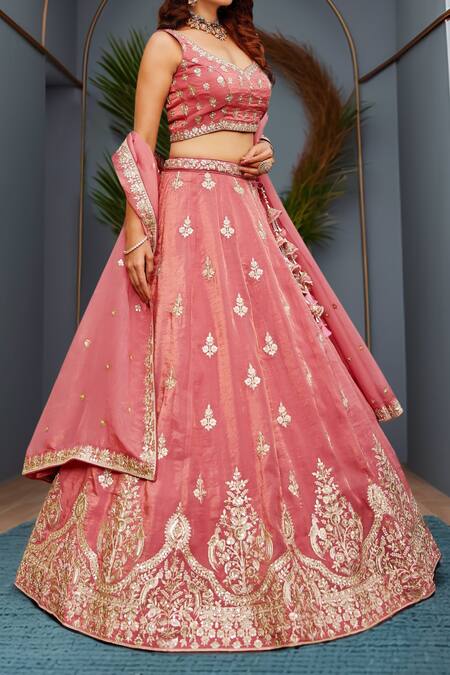 Shop_Samyukta Singhania_Pink Organza Sequins, Zari, Embroidery Lehenga Set_Online_at_Aza_Fashions