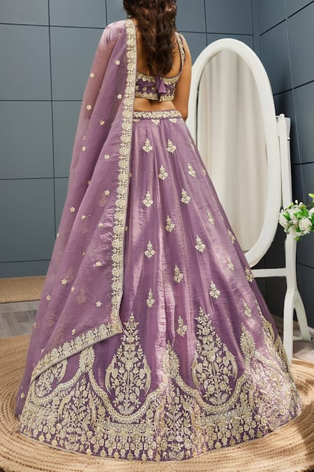 Shop Samyukta Singhania Purple Tissue Tassels, Beads, Embroidery Lehenga Set With Dupatta at Aza Fashions Shop_Samyukta Singhania_Purple Tissue Tassels, Beads, Embroidery Lehenga Set With Dupatta_at_Aza_Fashions