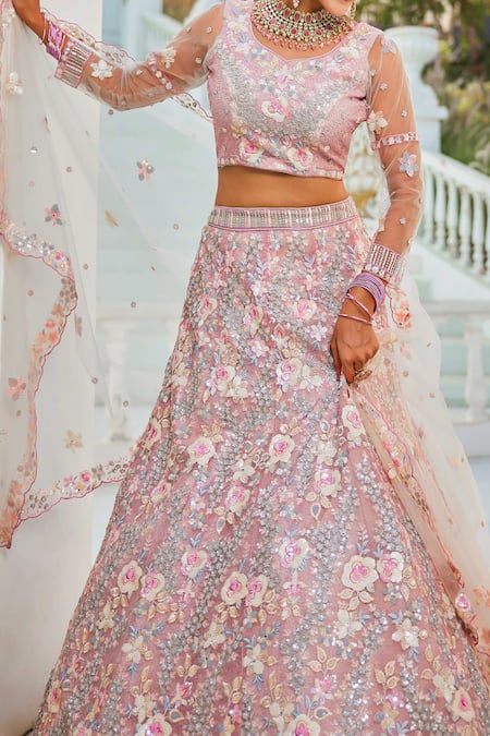 Buy_Samyukta Singhania_Gray Tissue, Silk Sequins, Embroidery Round Neck Grey Floral Lehenga Set_Online_at_Aza_Fashions