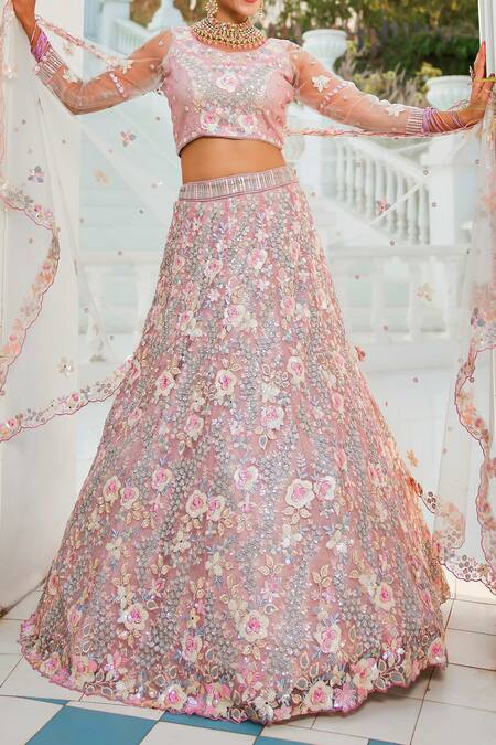 Shop_Samyukta Singhania_Gray Tissue, Silk Sequins, Embroidery Round Neck Grey Floral Lehenga Set_Online_at_Aza_Fashions