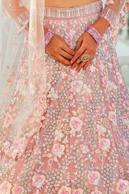 Samyukta Singhania_Gray Tissue, Silk Sequins, Embroidery Round Neck Grey Floral Lehenga Set_at_Aza_Fashions