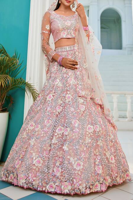 Buy_Samyukta Singhania_Gray Tissue, Silk Sequins, Embroidery Round Neck Grey Floral Lehenga Set