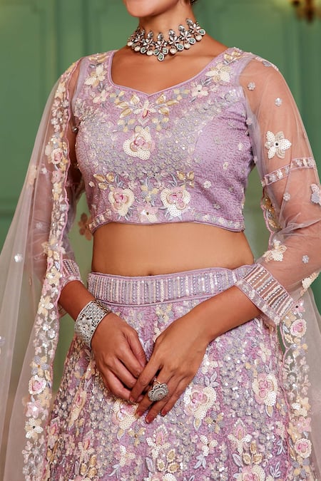 Samyukta Singhania_Mauve Tissue Embroidery, Sequins Round Neck Floral Lehenga Set_Online_at_Aza_Fashions