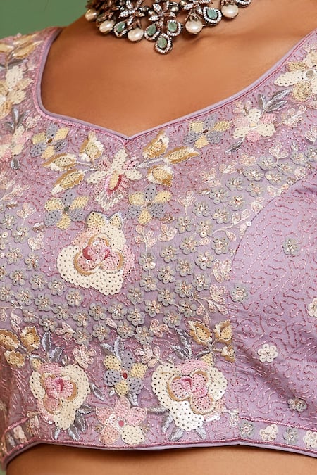 Buy_Samyukta Singhania_Mauve Tissue Embroidery, Sequins Round Neck Floral Lehenga Set_Online_at_Aza_Fashions