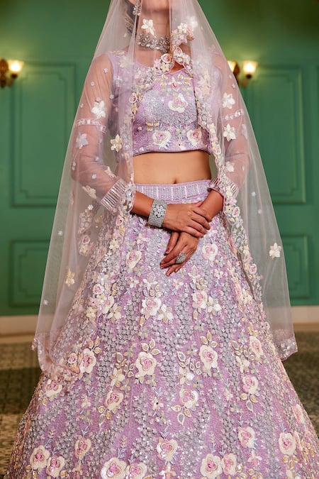 Shop_Samyukta Singhania_Mauve Tissue Embroidery, Sequins Round Neck Floral Lehenga Set_Online_at_Aza_Fashions