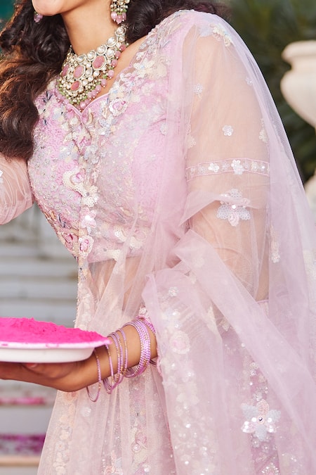 Samyukta Singhania_Pink Satin, Net Sequins, Embroidery Round Neck Classic Floral Lehenga Set_Online_at_Aza_Fashions