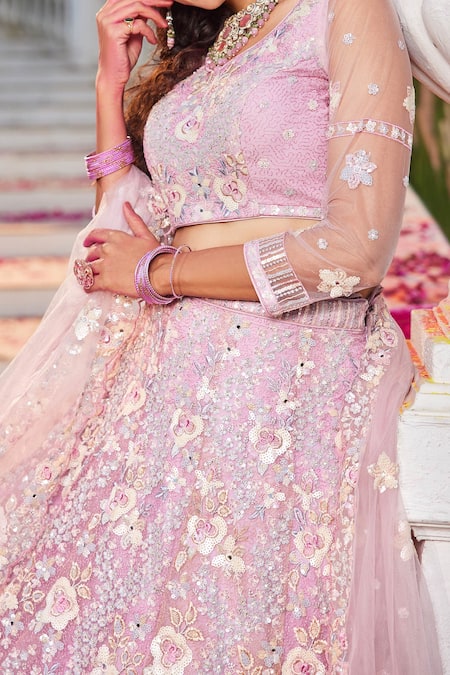 Buy_Samyukta Singhania_Pink Satin, Net Sequins, Embroidery Round Neck Classic Floral Lehenga Set_Online_at_Aza_Fashions