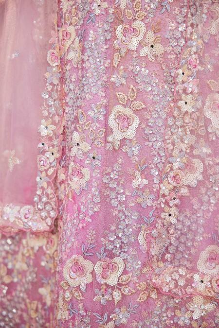 Shop_Samyukta Singhania_Pink Satin, Net Sequins, Embroidery Round Neck Classic Floral Lehenga Set_Online_at_Aza_Fashions
