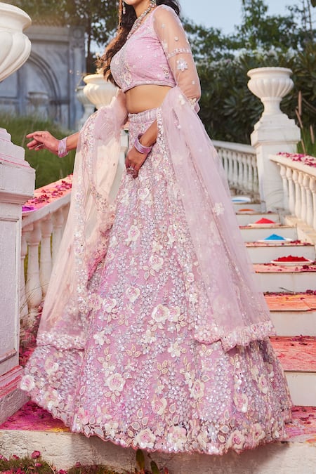 Samyukta Singhania_Pink Satin, Net Sequins, Embroidery Round Neck Classic Floral Lehenga Set_at_Aza_Fashions