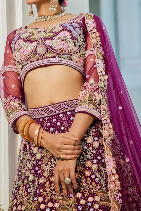 Samyukta Singhania_Burgundy Net Sequins, Embroidery Round Neck Floral Lehenga Set _Online_at_Aza_Fashions