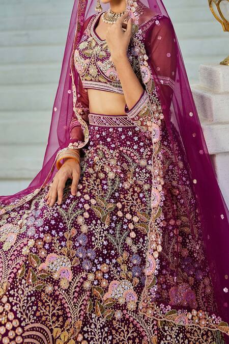 Buy_Samyukta Singhania_Burgundy Net Sequins, Embroidery Round Neck Floral Lehenga Set _Online_at_Aza_Fashions