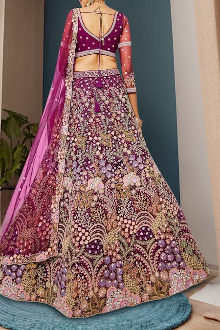 Shop_Samyukta Singhania_Burgundy Net Sequins, Embroidery Round Neck Floral Lehenga Set _at_Aza_Fashions