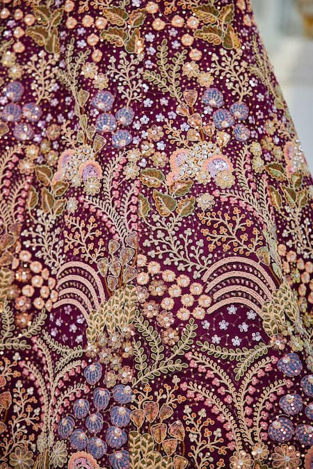 Shop_Samyukta Singhania_Burgundy Net Sequins, Embroidery Round Neck Floral Lehenga Set _Online_at_Aza_Fashions