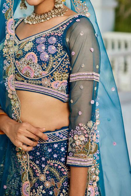 Samyukta Singhania_Navy Net Sequins, Embroidery Round Neck Blue Lehenga Set_Online_at_Aza_Fashions