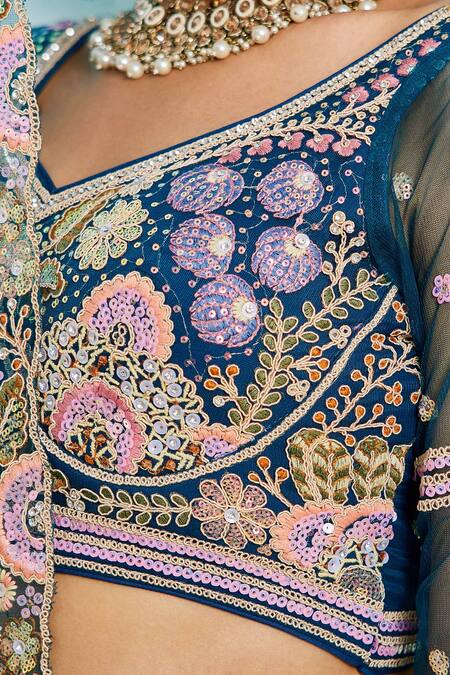 Samyukta Singhania_Navy Net Sequins, Embroidery Round Neck Blue Lehenga Set_at_Aza_Fashions