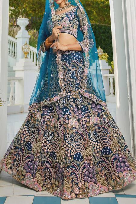 Buy_Samyukta Singhania_Navy Net Sequins, Embroidery Round Neck Blue Lehenga Set