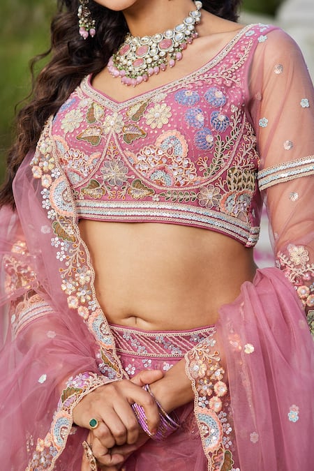 Shop_Samyukta Singhania_Pink Net Sequins, Embroidery Round Neck Lehenga Set _Online_at_Aza_Fashions